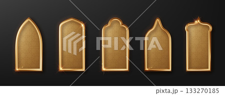 Elegant Islamic gold arc window frame for Ramadan. Traditional Islamic window frame with shadow effect. 133270185