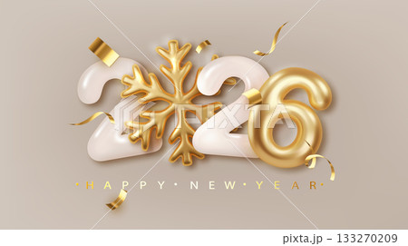 2026 Realistic 3d number with golden snowflake. Happy New Year and Merry Christmas 2025 luxury greeting card 2026 Realistic 3d number with golden snowflake. Happy New Year and Merry Christmas 2025 luxury greeting card 133270209