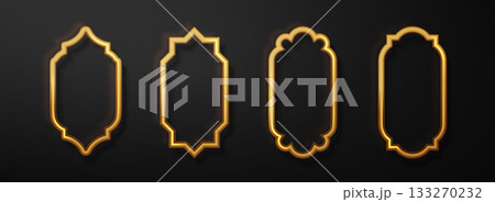 Golden mosque arches and ornate Islamic window frames for architecture design. Golden mosque arches and ornate Islamic window frames for architecture design. 133270232