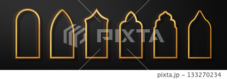 Arab golden frame. Islamic window and door arch shapes with gold frames on a black background Arab golden frame. Islamic window and door arch shapes with gold frames on a black background 133270234