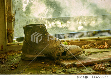 vintage mouldy shoe abandoned house interior 133270267