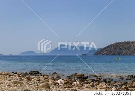 Phaselis harbour. Phaselis beach and Bey Mountains on the background in Antalya Turkey. Beaches of Turkey. 133270353