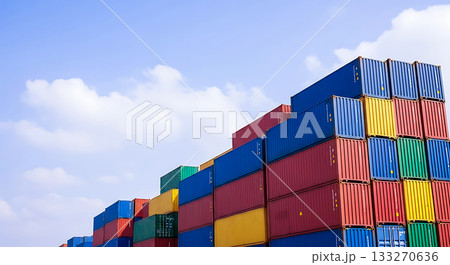 Stacked colorful shipping containers against blue sky with clouds cargo containers 133270636