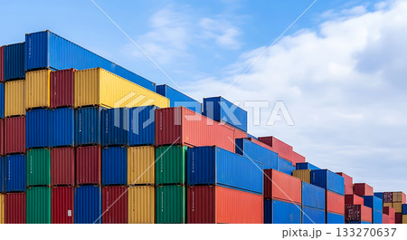 Stacked colorful shipping containers under a cloudy blue sky cargo containers freight containers 133270637