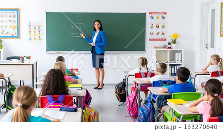 Teacher instructing young students at desks in a bright classroom setting school education Teacher instructing young students at desks in a bright classroom setting school education 133270640