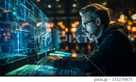 A man is sitting in front of a computer screen, typing on a keyboard. Concept of focus and concentration as the man works on his computer 133270675