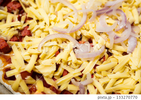 Unbaked Homemade Pizza with Cheese and Onion, Preparation Process Unbaked Homemade Pizza with Cheese and Onion, Preparation Process 133270770