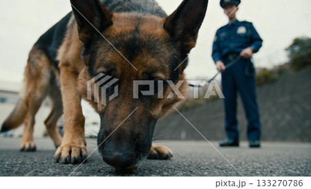 捜査をする警察犬と警察官 133270786