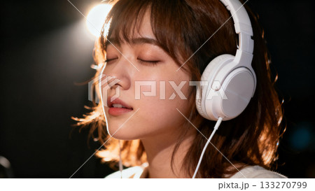 目を閉じて音楽を聴く女性 133270799