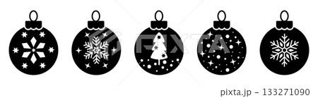 Black Christmas balls icon set with snowflakes, stars and tree designs. Festive minimalist holiday bauble for winter decorations, cards, prints and seasonal graphic projects Black Christmas balls icon set with snowflakes, stars and tree designs. Festive minimalist holiday bauble for winter decorations, cards, prints and seasonal graphic projects 133271090