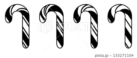 Black candy cane illustration set with striped festive Christmas shapes, simple holiday graphic elements for winter decoration, coloring pages, prints, cards, stickers and seasonal design projects 133271104