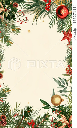 Christmas poster background in white, adorned with holiday decorations around the edges. Space for text 133271114