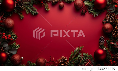 A red background with a Christmas tree and a bunch of red balls. Copy place. A red background with a Christmas tree and a bunch of red balls. Copy place. 133271115