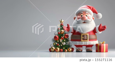 3D Santa Claus is standing in front of a Christmas tree with a box of presents. The scene is festive and cheerful, with the bright colors. Copy place. 133271116