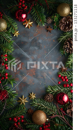 Frame of Christmas tree branches and decorations, pine cones and the balls are gold and green. Copy place 133271118