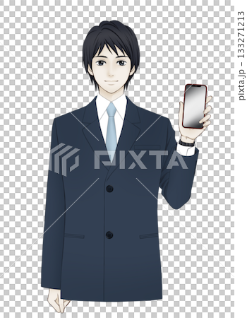 Illustration of a man in a suit holding a smartphone 133271213