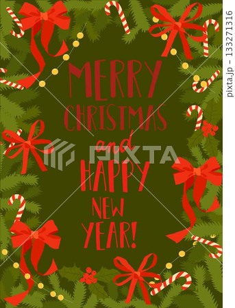 Festive Christmas Card with Fir Branches and Red Bows Festive Christmas Card with Fir Branches and Red Bows 133271316