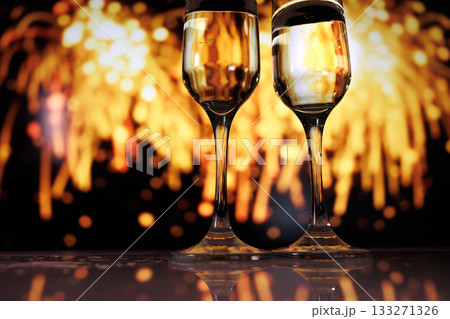 champagne celebration visuals, bright fireworks illuminate sparkling toasts in lively celebration scene 133271326