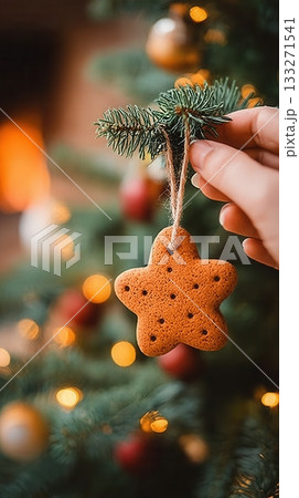 A hand hangs a gingerbread star ornament on a Christmas tree. This cozy scene with warm bokeh lights evokes a festive, heartwarming mood. Ideal for holiday greetings or seasonal content. 133271541