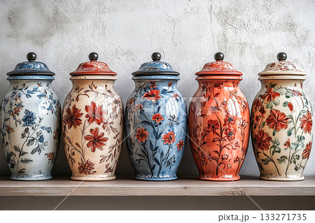 Home aesthetic. Ceramic containers with lid for storing groceries in a cottage style on a white background. Home aesthetic. Ceramic containers with lid for storing groceries in a cottage style on a white background. 133271735