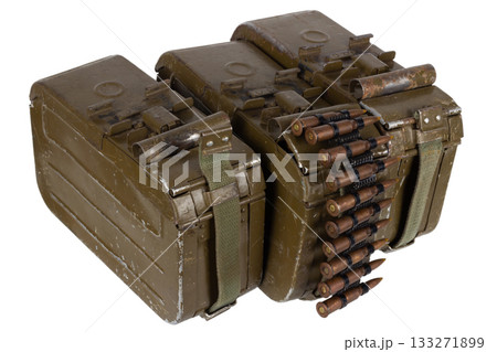 Ammo boxes with ammunition belt and 7.62 mm cartridges for kalashnikov PK or PKM machine gun isolated on white. 133271899