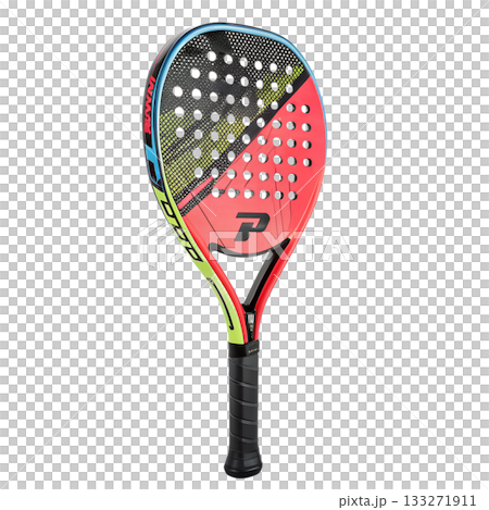 Colorful padel racket with vibrant abstract design, isolated on transparent background for sports and action branding 133271911
