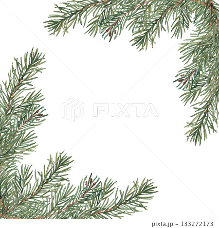 Fir branches square frame, border. Corner Compositions with Winter plants. Hand drawn watercolor illustration of pine branches. Perfect for Christmas and New Year design, winter invitations, cards 133272173