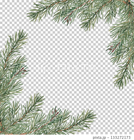 Fir branches square frame, border. Corner Compositions with Winter plants. Hand drawn watercolor illustration of pine branches. Perfect for Christmas and New Year design, winter invitations, cards 133272173