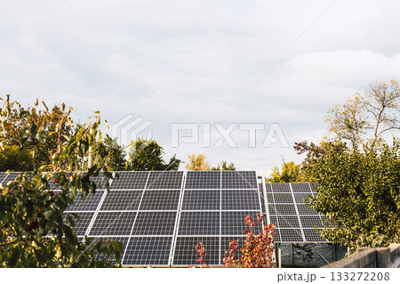 Solar panels installed on a rooftop, generating clean energy. A view of solar panels on a rooftop, surrounded by trees, under a cloudy sky, promoting renewable energy and sustainability. Solar panels installed on a rooftop, generating clean energy. A view of solar panels on a rooftop, surrounded by trees, under a cloudy sky, promoting renewable energy and sustainability. 133272208