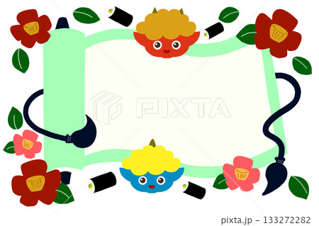 鬼と恵方巻きと椿の巻物のフレーム 133272282