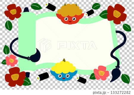 鬼と恵方巻きと椿の巻物のフレーム 133272282