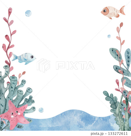 Watercolor underwater frame with seaweed, coral, starfish and cute fish. Marine background with empty space for text. Hand-painted ocean illustration for kids, invitations and cards 133272611