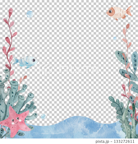 Watercolor underwater frame with seaweed, coral, starfish and cute fish. Marine background with empty space for text. Hand-painted ocean illustration for kids, invitations and cards 133272611