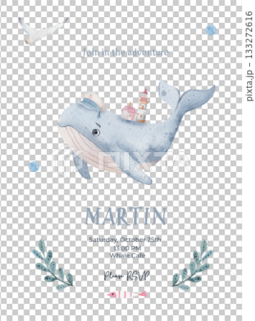 Cute watercolor whale with lighthouse and houses on its back, nautical birthday invitation template with marine elements and text space. Hand-painted ocean-themed kids design Cute watercolor whale with lighthouse and houses on its back, nautical birthday invitation template with marine elements and text space. Hand-painted ocean-themed kids design 133272616
