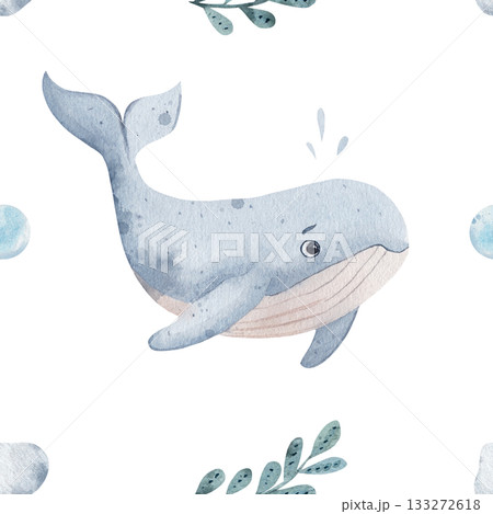 Whale with algae and bubbles. Seamless watercolor pattern, hand drawn on a white background. For packaging, design, wallpaper, wrapping paper. Marine children's theme. 133272618