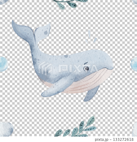 Whale with algae and bubbles. Seamless watercolor pattern, hand drawn on a white background. For packaging, design, wallpaper, wrapping paper. Marine children's theme. Whale with algae and bubbles. Seamless watercolor pattern, hand drawn on a white background. For packaging, design, wallpaper, wrapping paper. Marine children's theme. 133272618