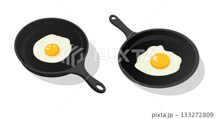 Flat Cartoon Fried Egg in Pan, Vector Illustration. Two Cast Iron Frying Pans with Fried Egg. Breakfast Meal in Skillet. Top View Cooking Pan with Fried Egg 133272809