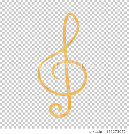 Treble clef watercolor illustration isolated on white. Minimalistic musical element ideal for educational materials, posters, stationery, and creative compositions focused on music themes. Golden tone 133273072
