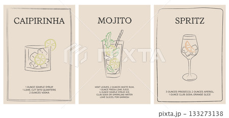 Retro cocktail recipe set with hand drawn doodle illustrations of Caipirinha, Mojito, and Spritz drinks. Minimal design. Vintage mixology guide for bar menu, kitchen prints, or party decor. Vector. Retro cocktail recipe set with hand drawn doodle illustrations of Caipirinha, Mojito, and Spritz drinks. Minimal design. Vintage mixology guide for bar menu, kitchen prints, or party decor. Vector. 133273138
