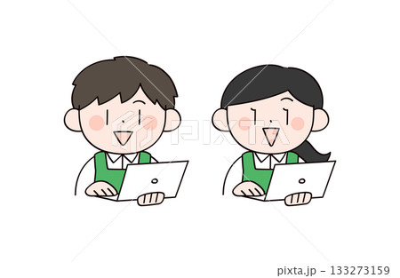 パソコンを操作するスーパーの店員イメージの男女イラスト 133273159