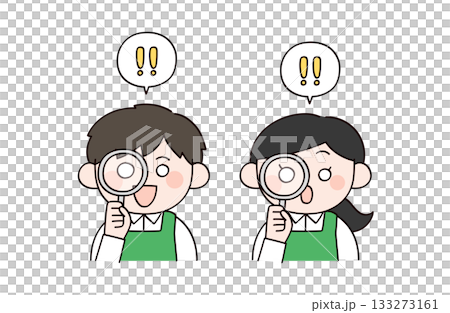 Illustration of a male and female supermarket clerk looking through a magnifying glass Illustration of a male and female supermarket clerk looking through a magnifying glass 133273161