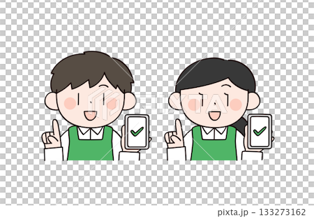 超市收銀員手持智慧型手機的男女插圖 133273162