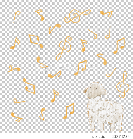 Lamb surrounded by musical notes. A gentle watercolor illustration on white background. For children themes, cards, nursery prints, lullaby designs, educational materials, whimsical creative projects 133273289