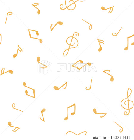 Musical notes and treble clef. A gentle watercolor seamless pattern on white background. For children themes, cards, nursery prints, lullaby designs, textile and packaging, whimsical creative projects 133273431