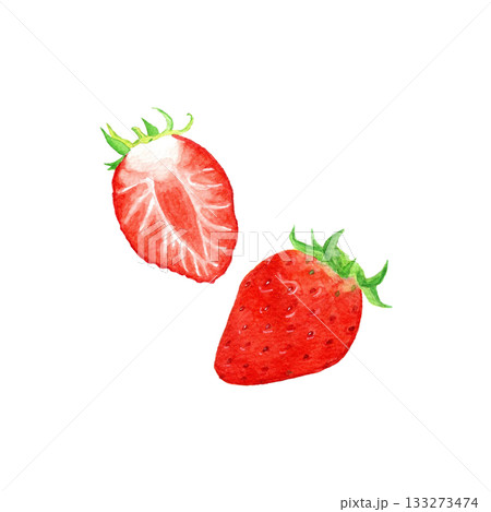 手描き水彩のいちごとカットいちごのイラストのイラスト素材