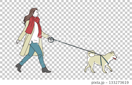Illustration of a young woman walking with a medium-sized dog Illustration of a young woman walking with a medium-sized dog 133273619