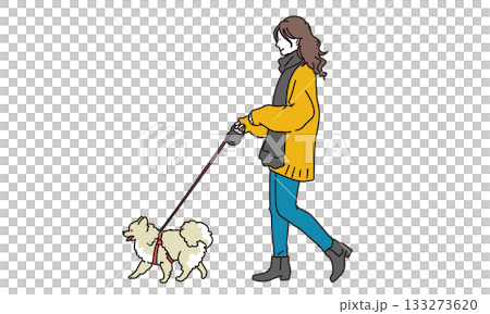 一位年輕女子牽著一隻小狗散步的插圖 一位年輕女子牽著一隻小狗散步的插圖 133273620
