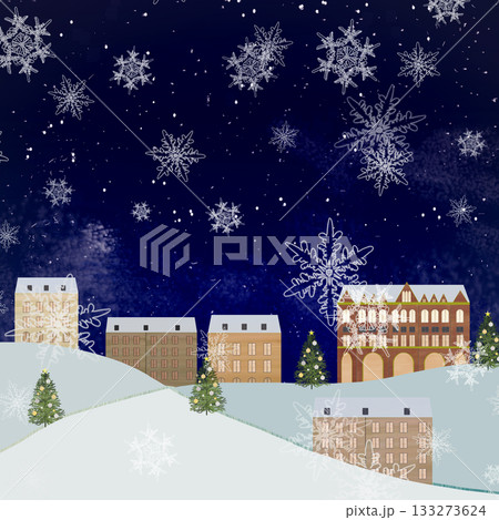 クリスマス外国の街並み_青雪背景_正方形 133273624