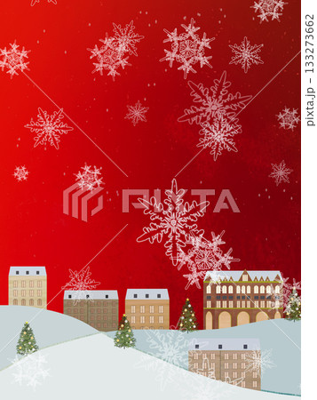 クリスマス外国の街並み_赤雪背景_縦 クリスマス外国の街並み_赤雪背景_縦 133273662