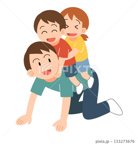 子どもたちを背中に乗せるお父さんのイラスト 133273676
